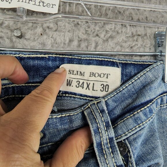 TK Axel Jeans Mens 34x30 Slim Boot Stretch Faded Blue Distressed Mid Rise *Read* - Picture 5 of 12